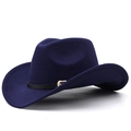 Classic navy blue wool felt western cowboy hat with black decorative belt and gold buckle - M (56-58cm) Adjustable / Navy Blue
