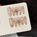Unghie finte fatte a mano rosa nude occhio di gatto con diamanti champagne e catenine - Extra Piccolo (XS) / Stile Occhio di Gatto Sfumato Rosa Nudo (W234-Long Oval)