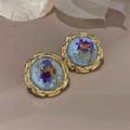 French vintage 18K gold plated earrings with purple dried flowers in light blue resin - Gold Base Purple Dried Flower