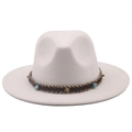 White wide brim felt fedora hat with bohemian braided band and turquoise bead accents - White