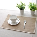Rectangular burlap placemat with white lace trim for French rustic dining table - Jute