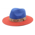 Zweifarbiger Panama-Strohhut mit blauer Krone, roter Krempe und gemustertem Band - M(56-58cm) / Rot + Blau