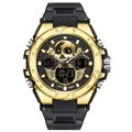 Black and gold sporty dual-display watch with golden skull relief and rubber strap - 6087 Black Gold Men's