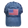 Detail of distressed denim baseball cap with American flag embroidery and white stars - Navy Blue