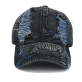 Close-up detail of distressed denim baseball cap with vintage frayed edges and holes - Adjustable / Black