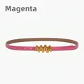 Rose red leather thin belt for women with a decorative golden wave-shaped buckle - Rose Red