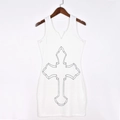 Detailed view of white ribbed sleeveless dress with a black cross print on hanger - S / White
