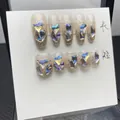 Handgefertigte Kunstnägel mit blauen Aurora-Herzdiamanten und Glitzereffekt - XS / 433 Eis Diamant Langer Sarg