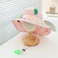 Pink open-top kids sun hat with dinosaur prints and a small whistle on the strap - 52-54cm (3-8 Years) / Pink
