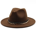 Chapeau fedora jazz en laine marron foncé avec bande de chaîne dorée et cuir - 58cm (Taille unique) / café