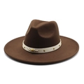 Detail of brown wool fedora hat featuring a white leather band and gold stud accents - M(56-58cm) / Coffee