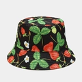 Close-up of strawberry print on black bucket hat with vivid red fruit and green leaves - M (56-58cm) / 10# Color-Black Strawberry Flower Print