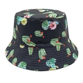 Close-up of cactus and floral print patterns on a black canvas bucket hat with stitching - M (56-58cm) / Black