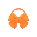 Detail view of orange grosgrain ribbon bow hair tie with textured fabric on white background - Orange