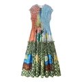Sleeveless smocked maxi dress with artistic print and green checkerboard pattern detail - Blue