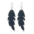 Detail of dark blue feather-shaped wooden earrings with silver hooks on white background - Style 67