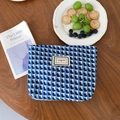 Detailed texture of blue and white checkered woven pouch with Pleasant Time label - Blue Checkered Makeup Bag
