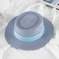 Gray-blue flat-top straw sun hat featuring a light blue silk ribbon decoration - M (56-58cm) / Light Blue