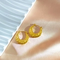 Golden crescent hoop earrings with embossed leaf texture and irregular hammered finish - Crescent Leaf Style (EH312)