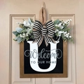 Letter U personalized wooden door sign with greenery and black white striped bow - Letter U