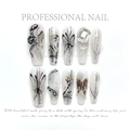 Handmade long press-on nails with black butterfly, ink bamboo, and square crystal decor - Extra Small (XS) / 1160 - See Life Talisman Butterfly