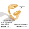 Bague goutte en acier inoxydable doré 18K avec anneau ouvert ajustable et étanche - Doré