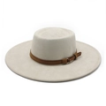 Sombrero fedora beige de ala ancha con banda de cuero marrón y hebilla de oro - M(56-59CM) / Blanco Roto