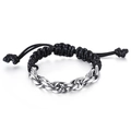 Bracciale regolabile in corda di cera intrecciata nera con catena a maglie in acciaio inox - Catena Cubana Argentata Con Corda Nera (KB122622-Z)