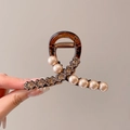 Cross-shaped hair claw clip in dark amber resin with beige pearls and brown rhinestones - Pearl & Rhinestone Linked Decoration 8CM