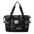 Black expandable sports travel bag with newspaper print and bottom zipper layer - Black Newspaper