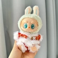 Labubu plush doll outfit with red satin dress and green rabbit ear hat accessory - White Fringed Pendant Tang Suit / First And Second Generation Keychains Are Compatible With La Cloth Dolls. Dolls Not Included.