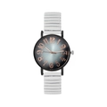 Detailed view of fashion watch with grey-blue gradient dial and white stretch band - White