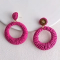 Handmade rose red raffia woven hoop earrings with golden metal studs for women - Rose Red Metal Link Woven Drop Earrings