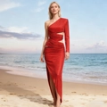 Vestido de noche rojo de un hombro con pedrería, corte en cintura y abertura alta en playa - M / Rojo