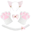 Süßes Plüsch-Katzen-Cosplay-Set in Weiß und Rosa mit Katzenohren, Pfoten und Katzenschwanz - 5-teiliges Set / Weiß