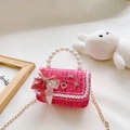 Pink tweed girls handbag with pearl handle, bow decoration and metal chain strap - Plaid Rose Red