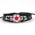 Men's black braided leather football bracelet featuring a red and white soccer charm - Red & White Football