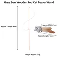 Interactive cat wand toy with wooden rod, grey bear plush, and brown feathers - Grey Bear Wood Rod Teaser