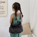 Kids vintage dark grey washed denim messenger bag with multi-pocket utility design - Black