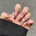 Pink gradient press-on nails with 3D butterfly, rhinestones, and star accents - HY313 Clear Pink Bow Star Rhinestone