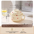 Ceramic cream noodle bowl set with red heart print and unique hand-pinched texture - 7 Inch Noodle Bowl with Lid - Creamy Yellow Red Hearts