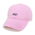 Pink cotton baseball cap with blue .okey! embroidery and distressed brim details - Rose Red