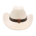 Beige faux suede cowboy hat featuring a leopard head emblem and animal print band - Beige (Leopard Head Belt)