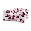 Detailweergave van de roze luipaardprint koraalvlies hoofdband met zachte strik - Roze Luipaard