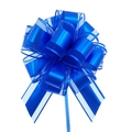 Detail of blue satin and sheer organza gift pull bow with elegant tiered layers - Sapphire Blue
