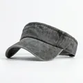 Unisex washed cotton sun visor hat in dark grey with wide brim and elastic back strap - Black