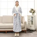 Women's light grey flannel long bathrobe with white embossed floral patterns and belt - Light Grey Women