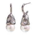 Elegant silver hammered drop earrings featuring round white pearls on a white background - Hammered Water Drop Artificial Pearl Earrings Steel
