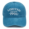 Detail of white LIMITED EDITION 1994 embroidery on a vintage blue washed baseball cap - Adjustable / Lake Blue