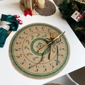 Round jute placemat with vintage green Christmas print and natural fiber texture - Style 4 Green